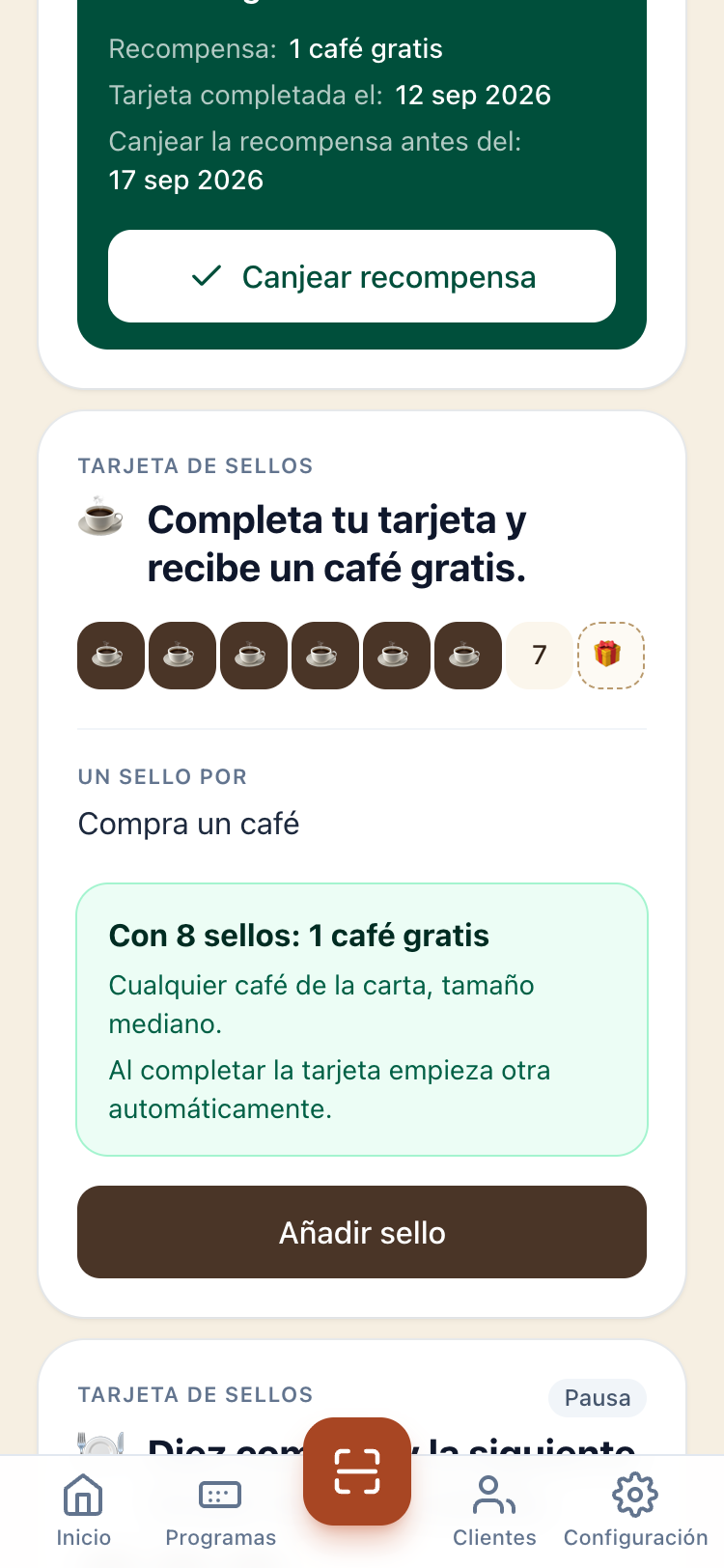 Cliente escaneado en la app Delids, con su tarjeta y el botón para añadir un sello.