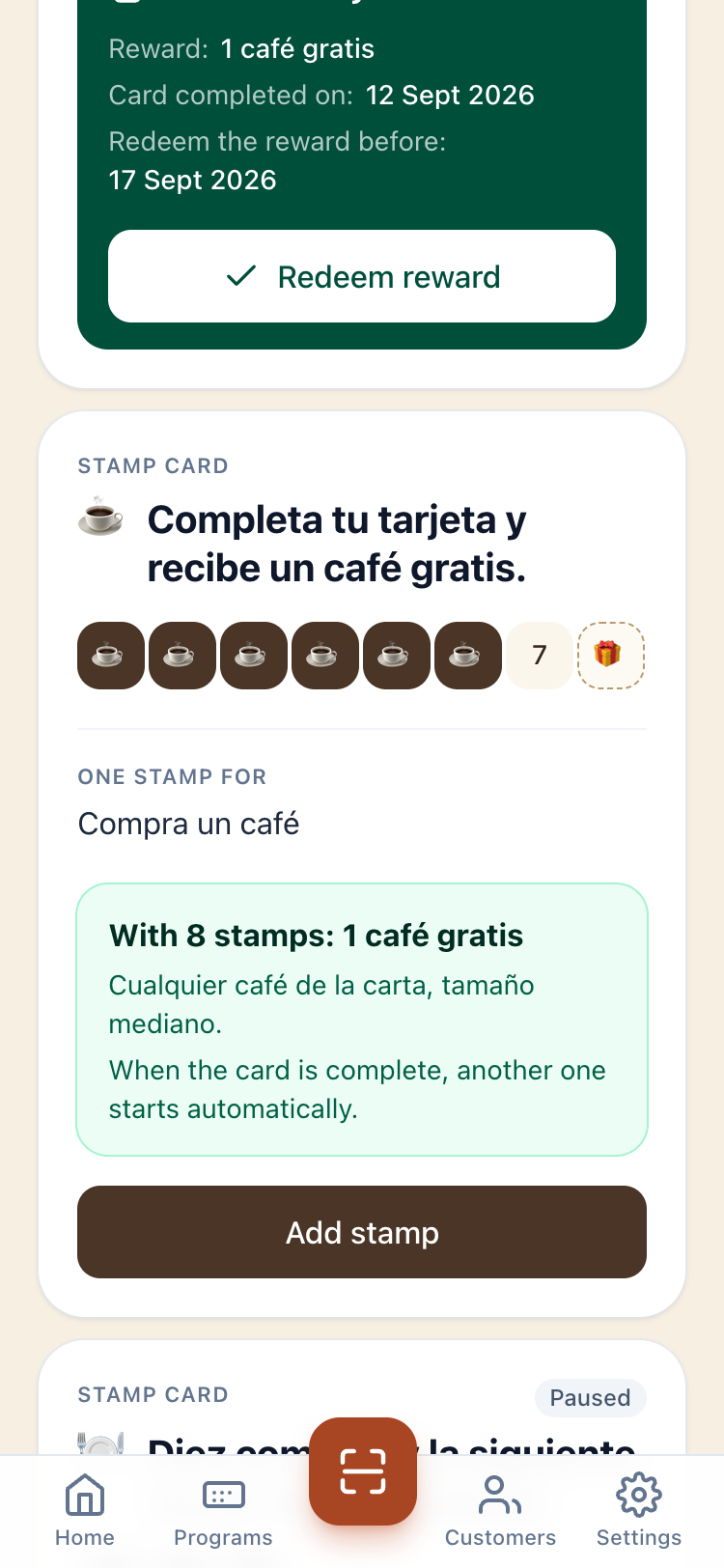 A scanned customer in the Delids app, with their card and the button to add a stamp.