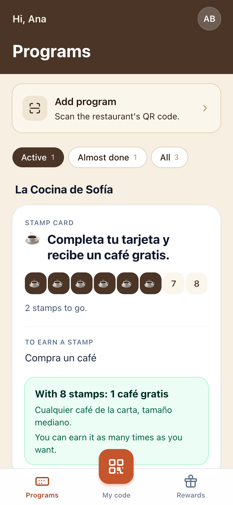 A half-full stamp card in the customer's app.