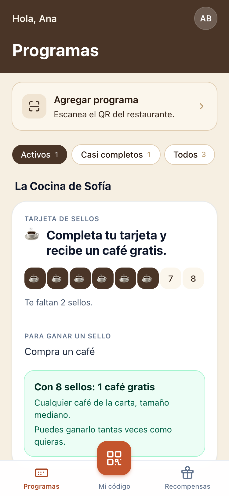 Tarjeta de sellos a medias en la app «Mis tarjetas» del cliente.