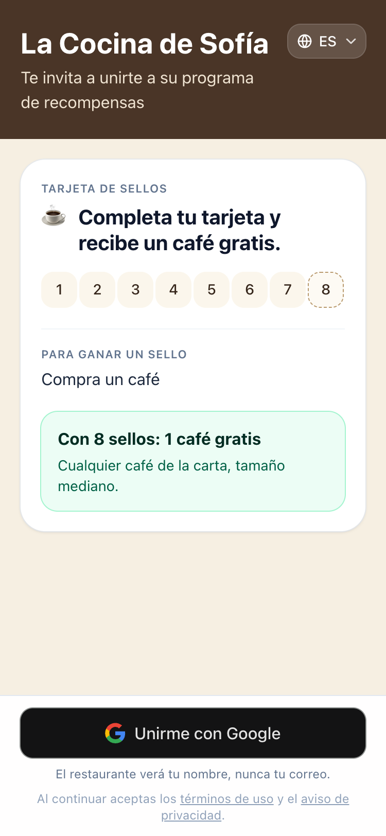 Pantalla en la que un cliente se une a un programa tras escanear el QR.