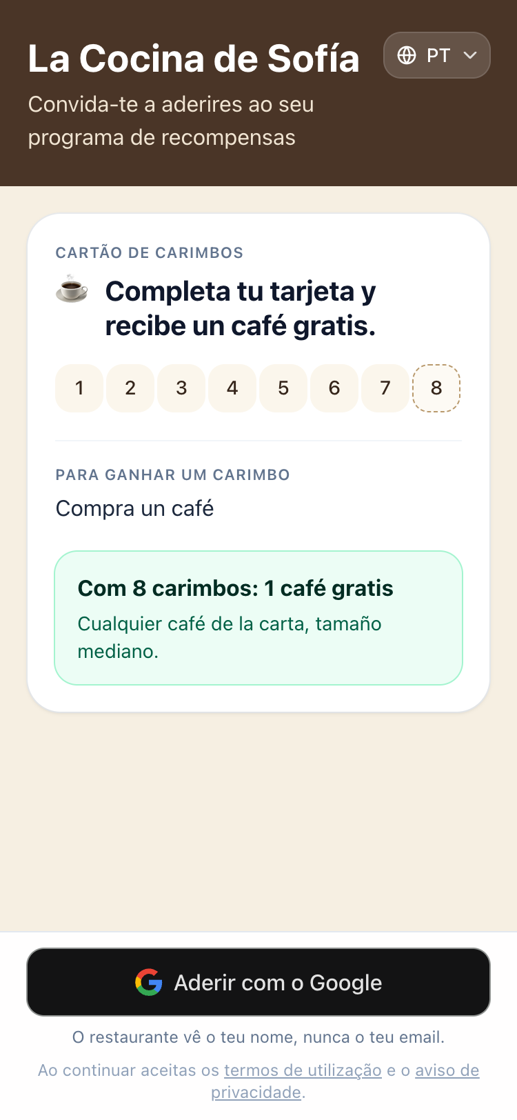 Ecrã em que um cliente adere a um programa depois de digitalizar o QR.