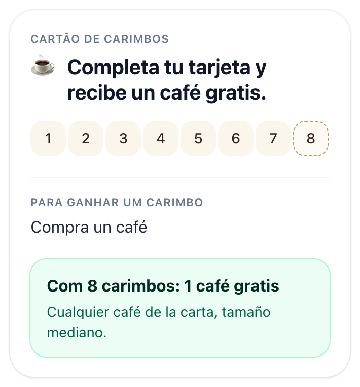 Cartão de carimbos de um programa na app do cliente, com as casas e a recompensa.