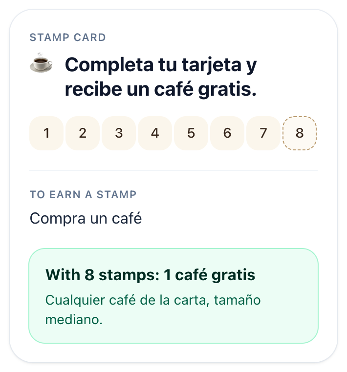 A program's stamp card in the customer app, with its boxes and reward.