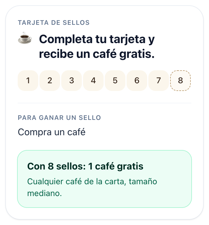 Tarjeta de sellos de un programa en «Mis tarjetas», con sus casillas y la recompensa.
