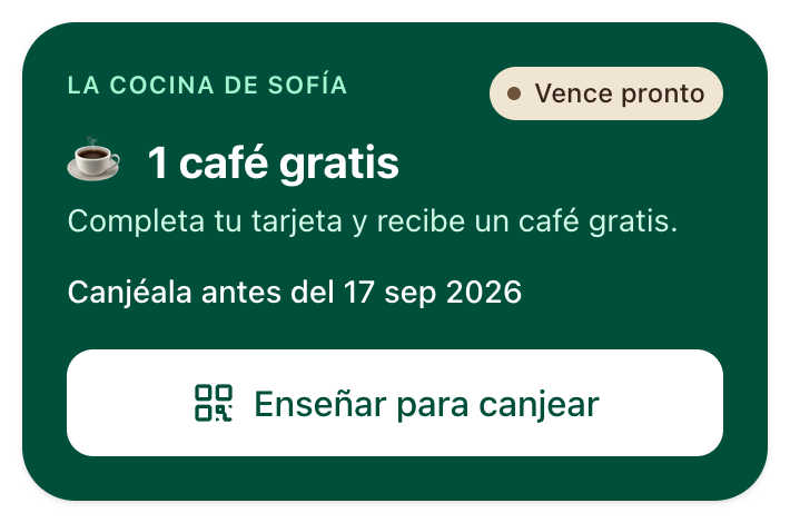 Recompensa lista para canjear en «Mis tarjetas», con su fecha límite.