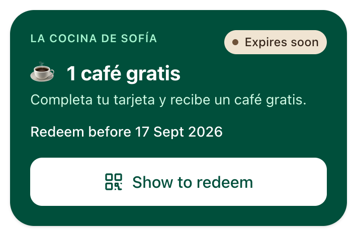 A reward ready to redeem in the customer app, with its deadline.